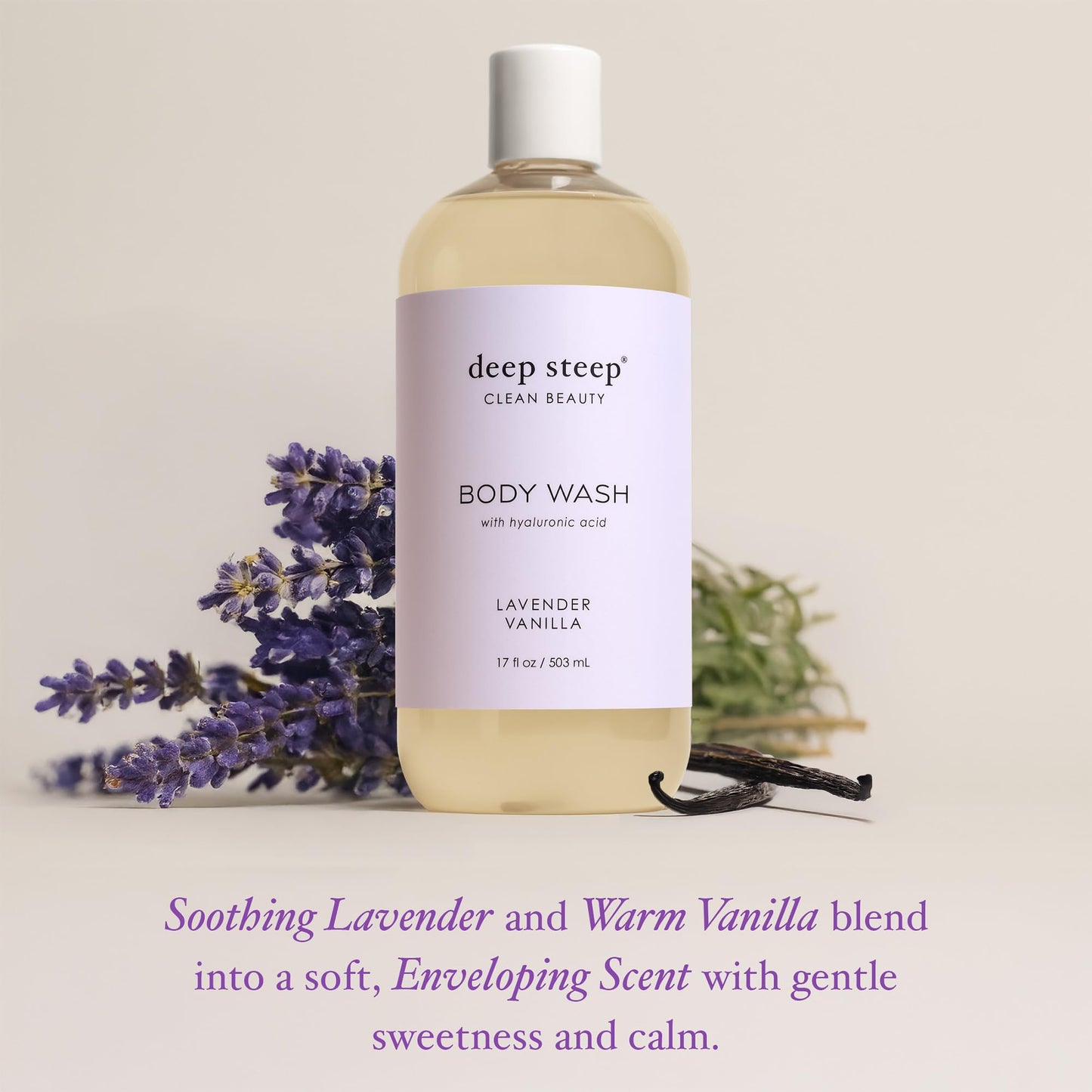 Deep Steep Body Wash, Lavender Vanilla, 17 oz - Hydrating Shower Gel with Hyaluronic Acid, Shea Butter, Aloe Vera & Argan Oil -