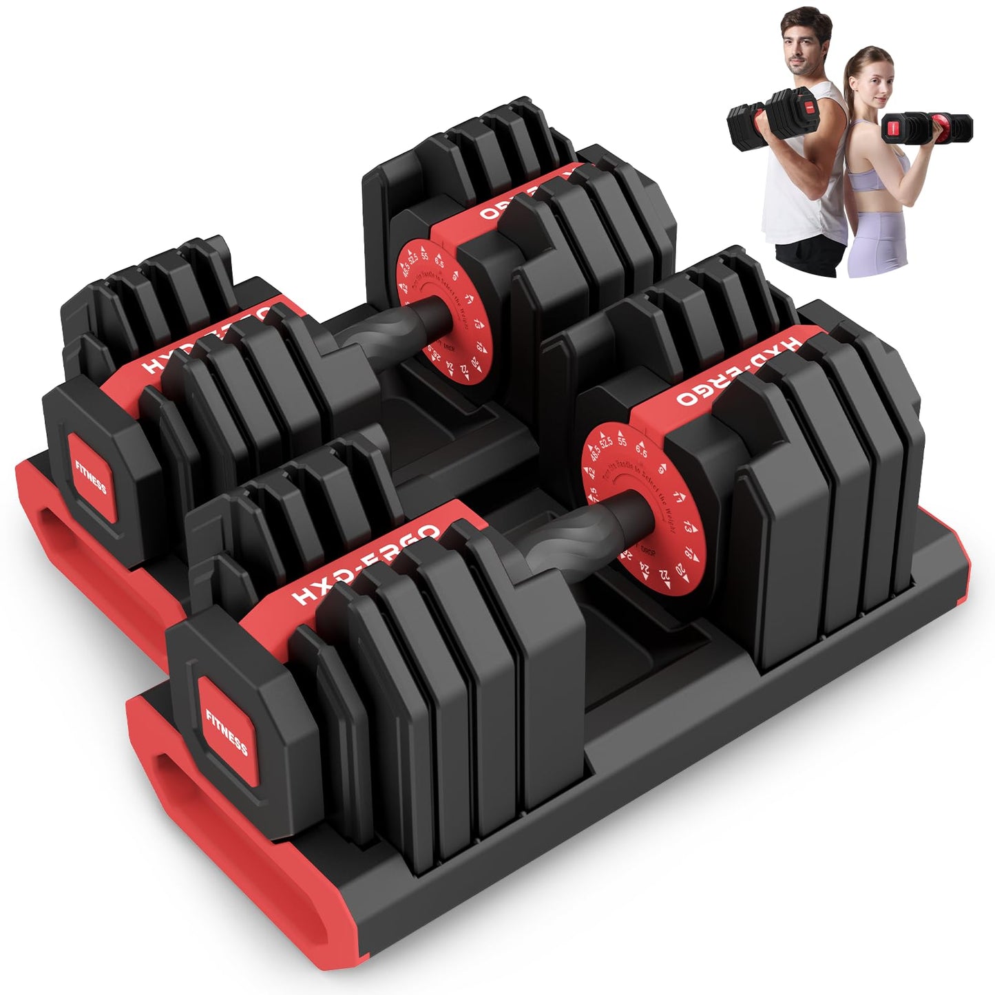 HXD-ERGO 15 IN 1 Adjustable Dumbbell Set/Single, 1-Second Quick Change Weights, 55/110 LBS Free Weights Adjustable Dumbbell with Anti-Slip Grip & Secure Lock, Space-Saving Home Gym Equipment for Men/Women Full Body Workout (Pair, 110LBS)