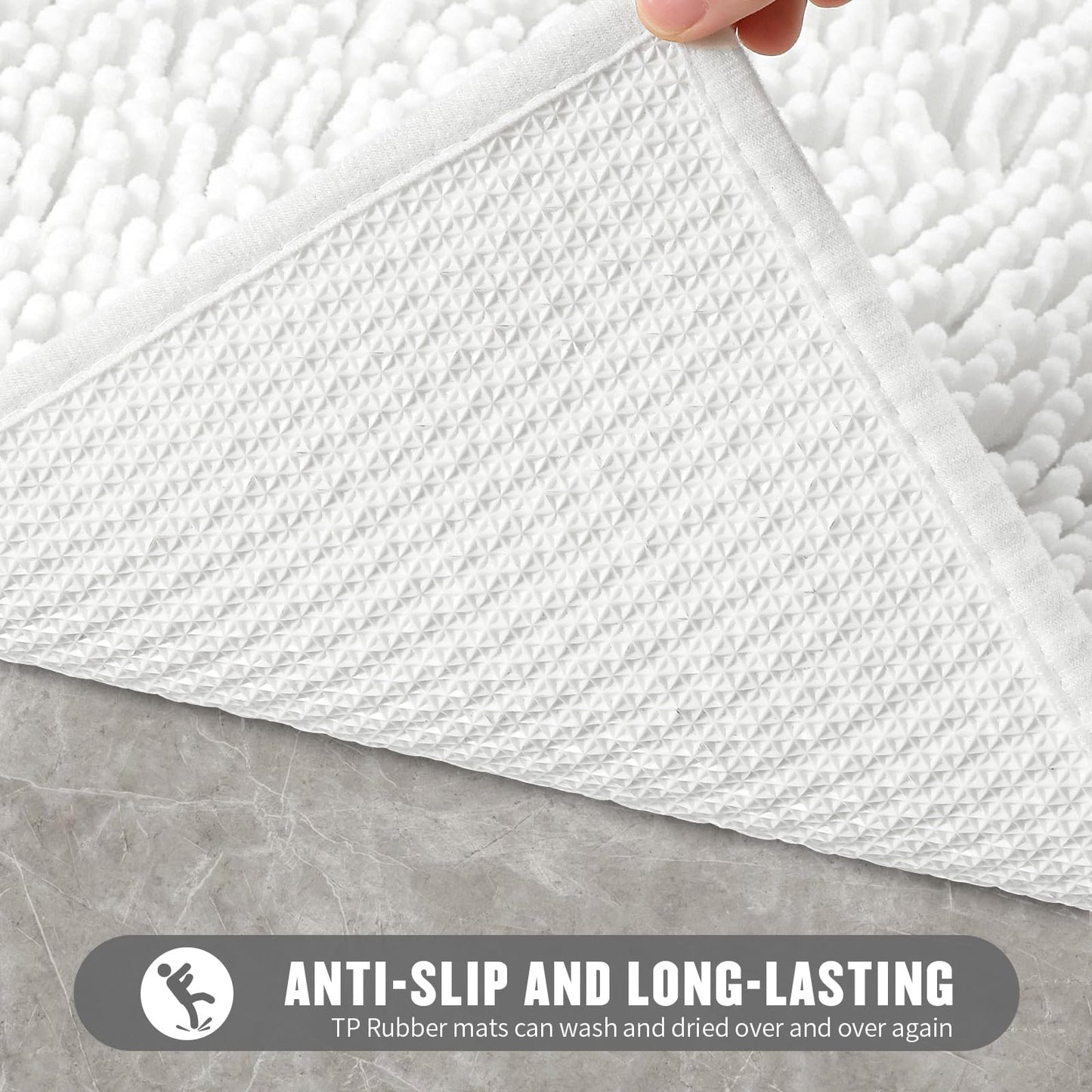 MitoVilla White Bathroom Rugs - Soft Chenille Small Bath Mats for Shower, Tub, Non Slip Thick Washable Plush Bath Rugs, Modern Absorbent Shower Bathroom Floor Mat, 17" x 24"