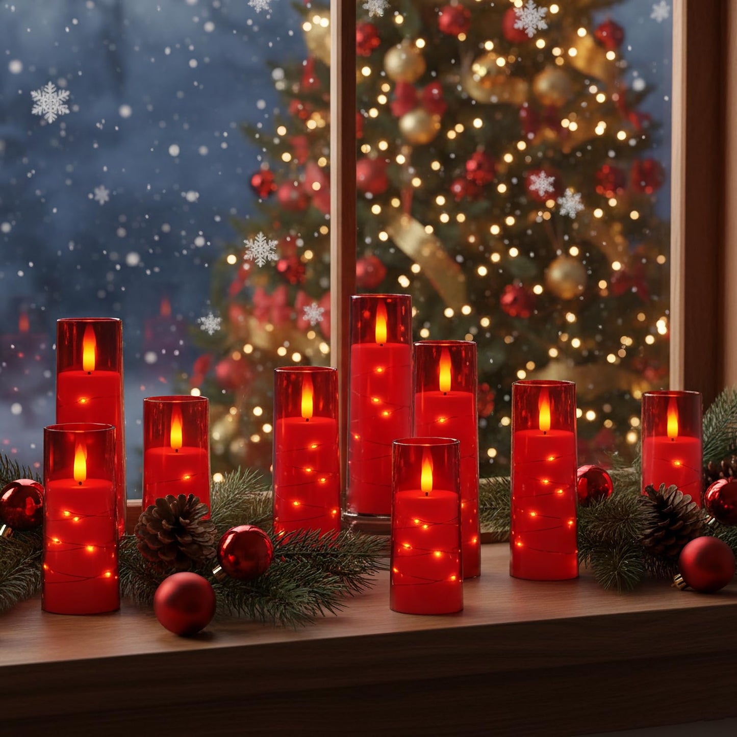 Raycare Flameless Candle with Remote Timer – 9 Flickering Acrylic Battery Operated LED Pillar Candles with Embedded Star String for Valentine's Day, Home Decor, and as a Gift (Red)