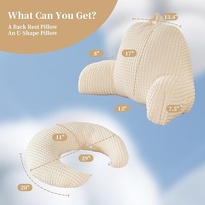 PAJEO Reading Pillow for Bed,U Shaped & Back Support Pillow for Bed,19" Backrest with Lumbar & Arm Support,Comfy Flannel Fabric,Lap Pillow for Gaming/Reading/Watching TV,White