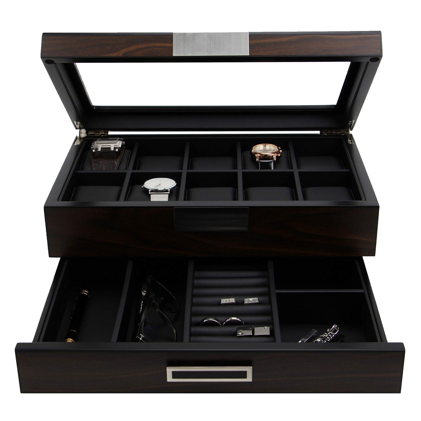 Decorebay Executive Wooden Watch Box Valet Box Sunglasses and Jewelry Box Storage Organizer (Sweetheart) (Brown)
