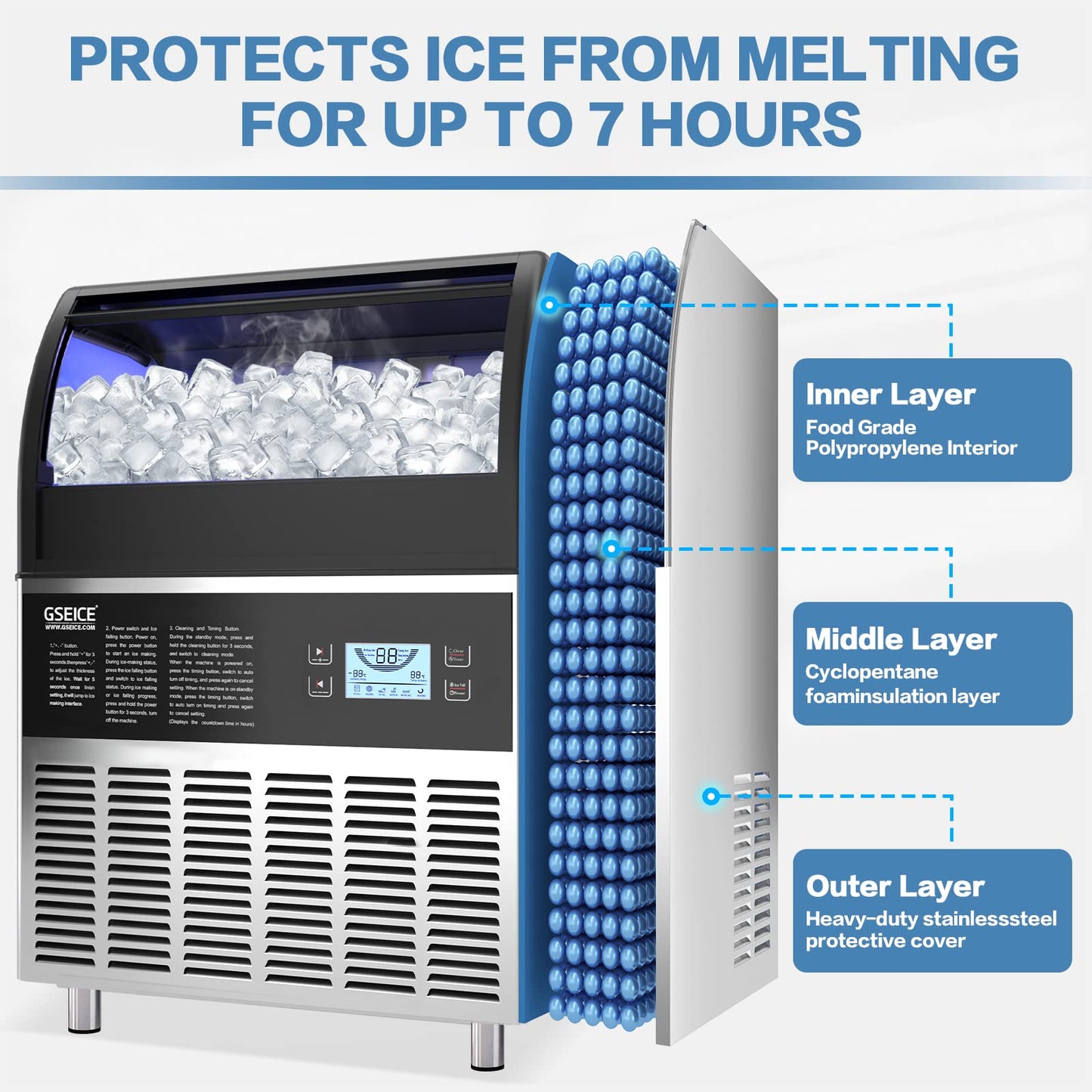Commercial Ice Maker Machine - 300LBS/24H Under Counter Ice Machine with 70LBS Storage Bin, 90 Ice Cubes in 11Min, Stainless Steel Freestanding Ice Making Machine for Home Bar Outdoor