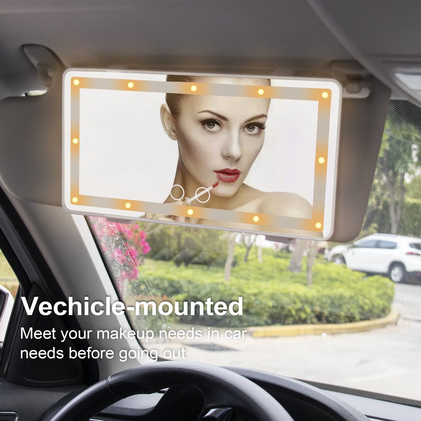 UYYE Car Visor Vanity Mirror, Rear Makeup Mirror, Touch on Screen & 3 Light Modes, Rechargeable Travel Makeup Mirror with LED Li