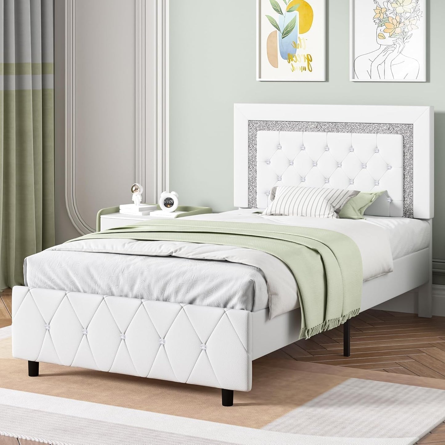 Twin Size Bed Frames, Upholstered Platform Bed with Button Tufted Headboard, Princess Platform Bed with Diamond Design, Wooden Slats Support, No Box Spring Required, Easy Assembly, White