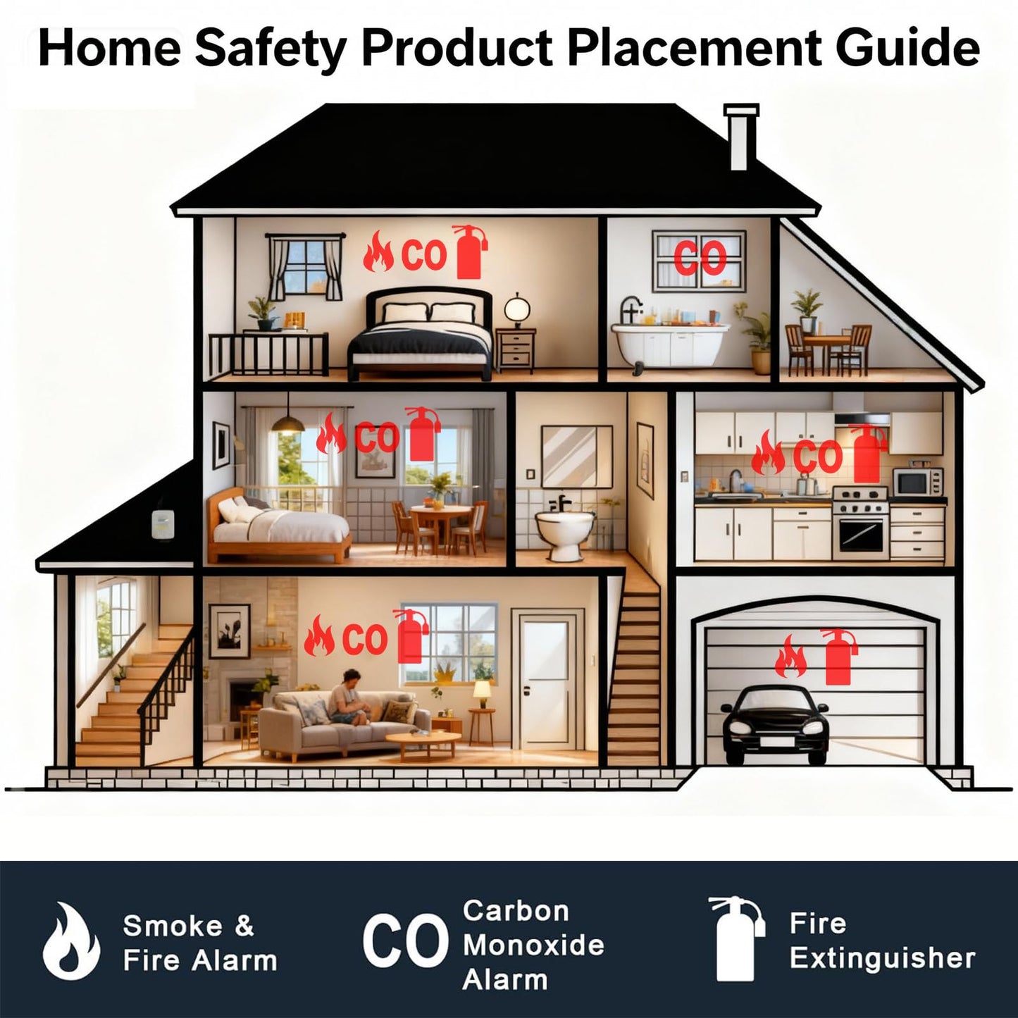 Smoke Detector Carbon Monoxide Detector Combo 10 Year Battery， 2 in 1 Smoke Detector, LED Warning Light Indicators, White, 4 Pack