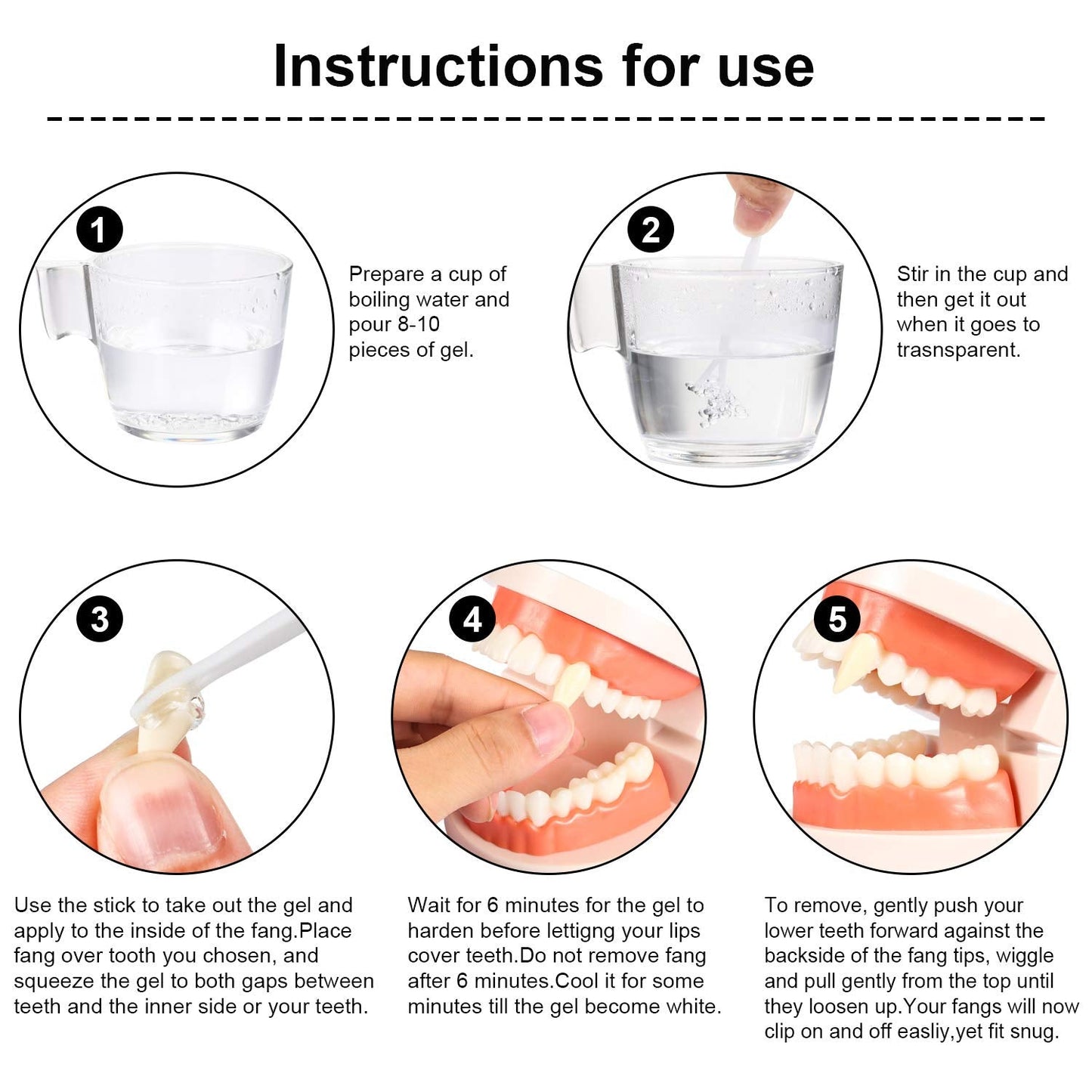 BBTO Set of 8 Vampire Teeth 4 Size Halloween Cosplay Fangs Fake Teeth with Tooth Pellets Adhesive Installation Tools and Instruction Halloween Party Cosplay Dentures Prop(White)