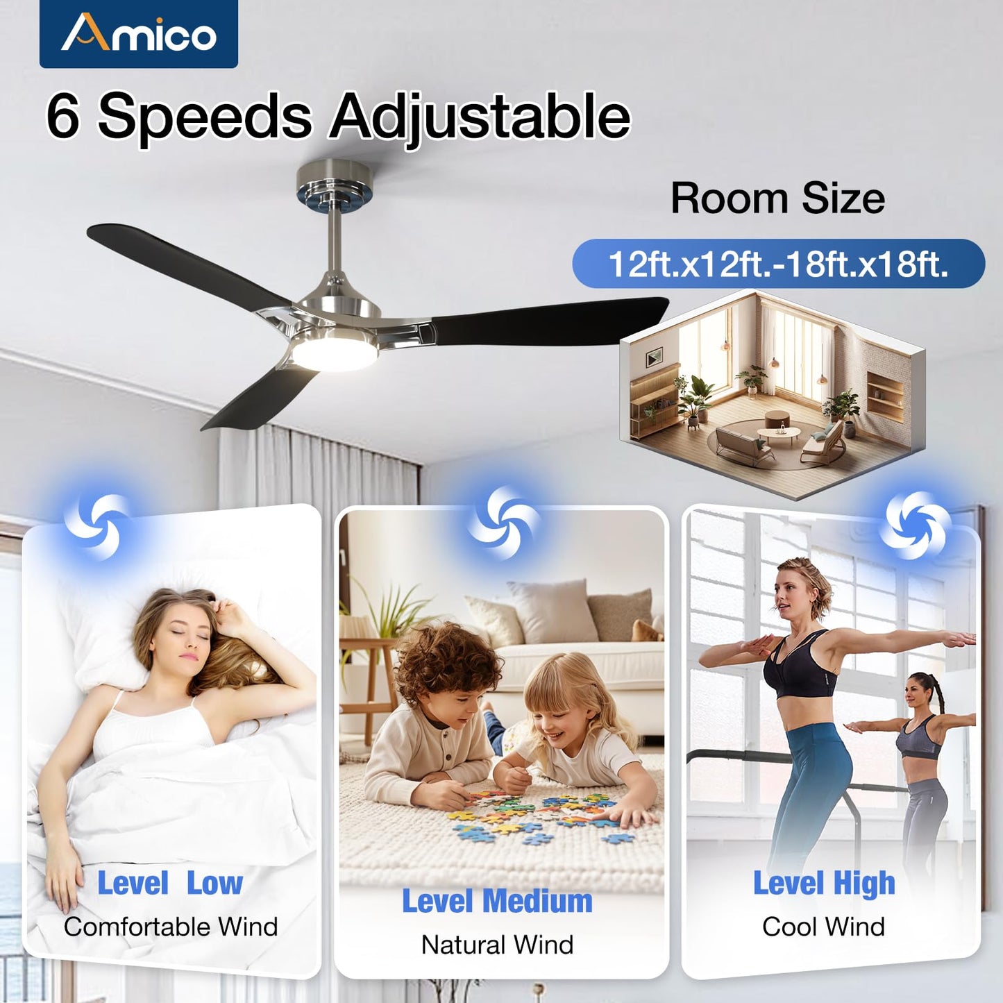 Amico 52 inch Ceiling Fans with Lights, Ceiling Fan with Light and Remote Control, Dimmable, 3CCT, Quiet, Nickel Modern Ceiling fan For Living Room, Bedroom, Farmhouse, Kitchen