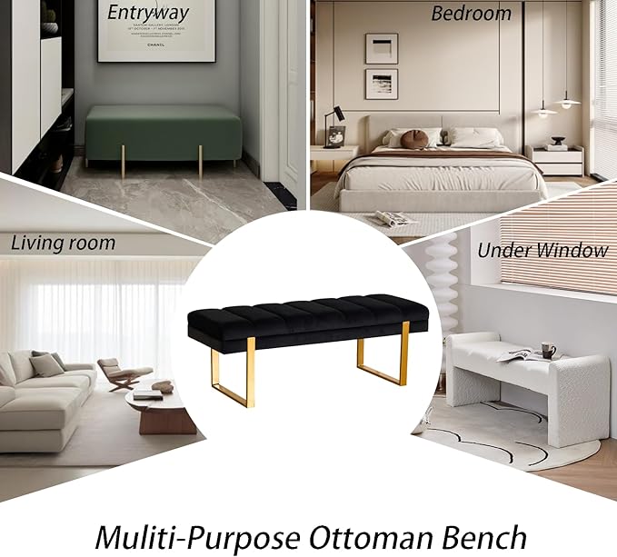 AIITTCC Velvet Ottoman Bedroom Bench, 46.5" Tufted Padded End of Bed Bench with Gold Legs, Upholstered Shoe Bench for Living Room Entryway Window (Black, 46" Wide)
