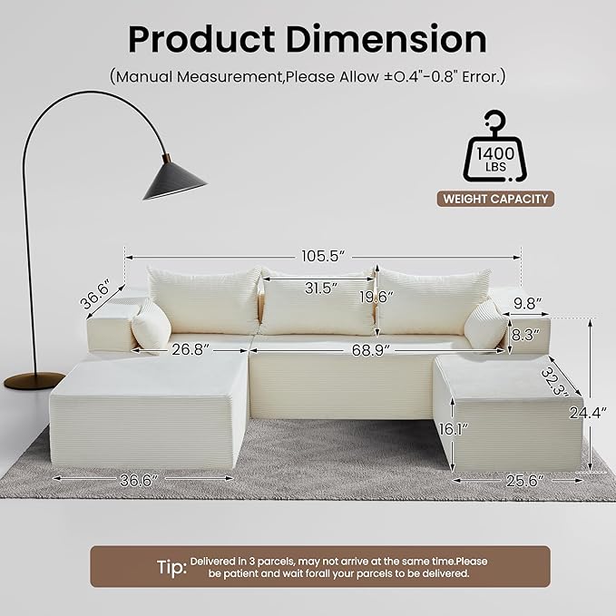 106" Cloud Sectional Boneless Couches for Living Room, Modular U Shaped Couch with Deep Seat, Removable Ottoman, Memory Foam Compressed Spineless 4 Seater Sofa for Bedroom Apartment, Beige
