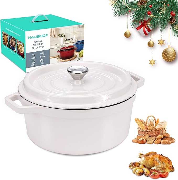 HAUSHOF 5.3QT Enameled Cast Iron Dutch Oven with Lid, Non-Stick Pot for Sourdough Bread Baking, Stewing, Rosting, Oyster White