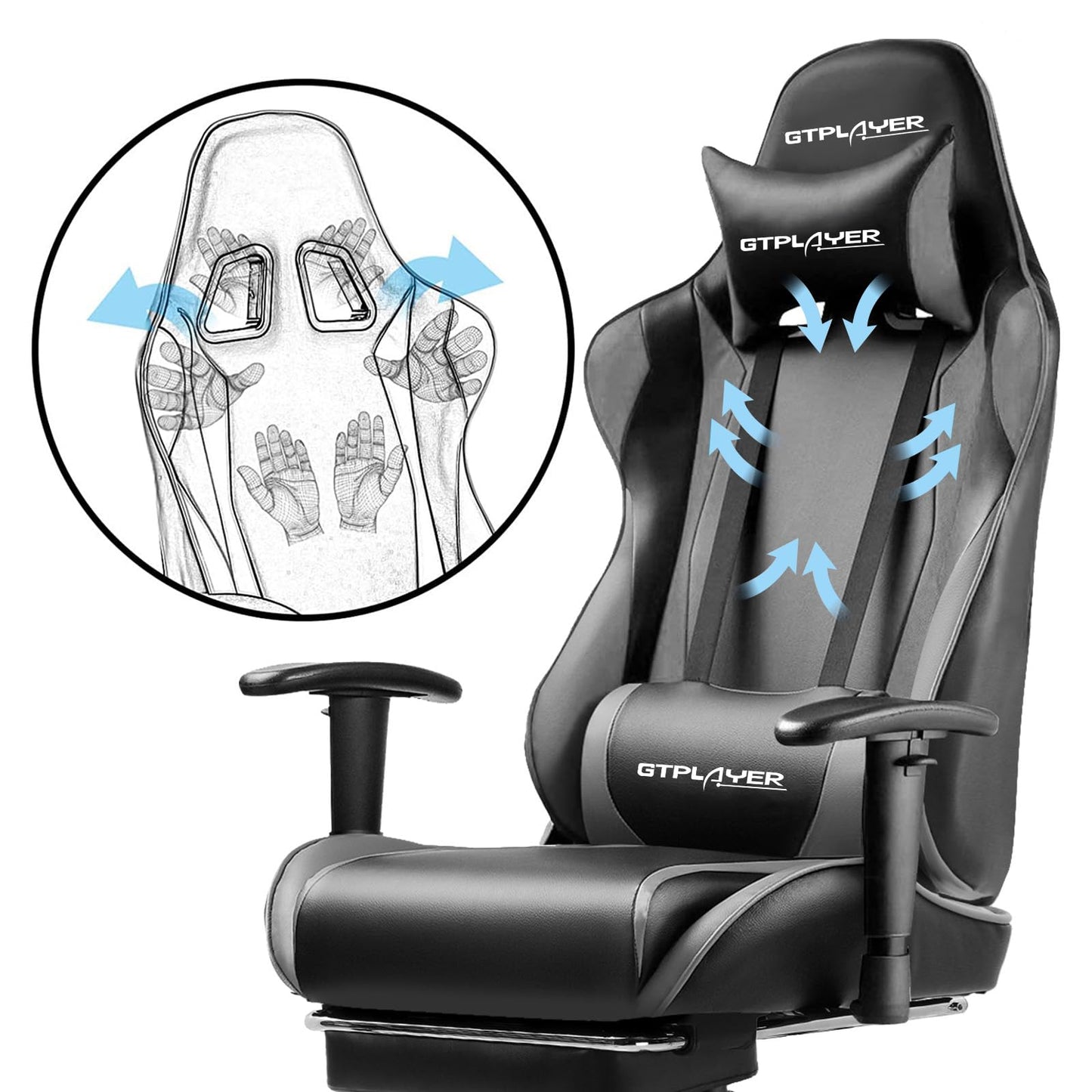 GTPLAYER Gaming Chair with Footrest, Ergonomic Computer Game Desk Chair, Reclining Gamer Chair Seat Height Adjustment, Swivel Rocker with Headrest and Lumbar (Gray)