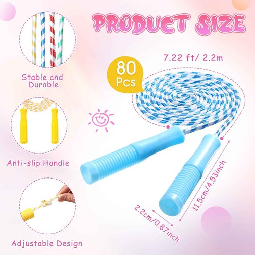 Aoriher 80 Pcs Jump Rope Bulk 7.22 ft Adjustable Stripe Skipping Rope Outdoor Exercise Fitness Equipment for Playground Activities Set, 4 Colors