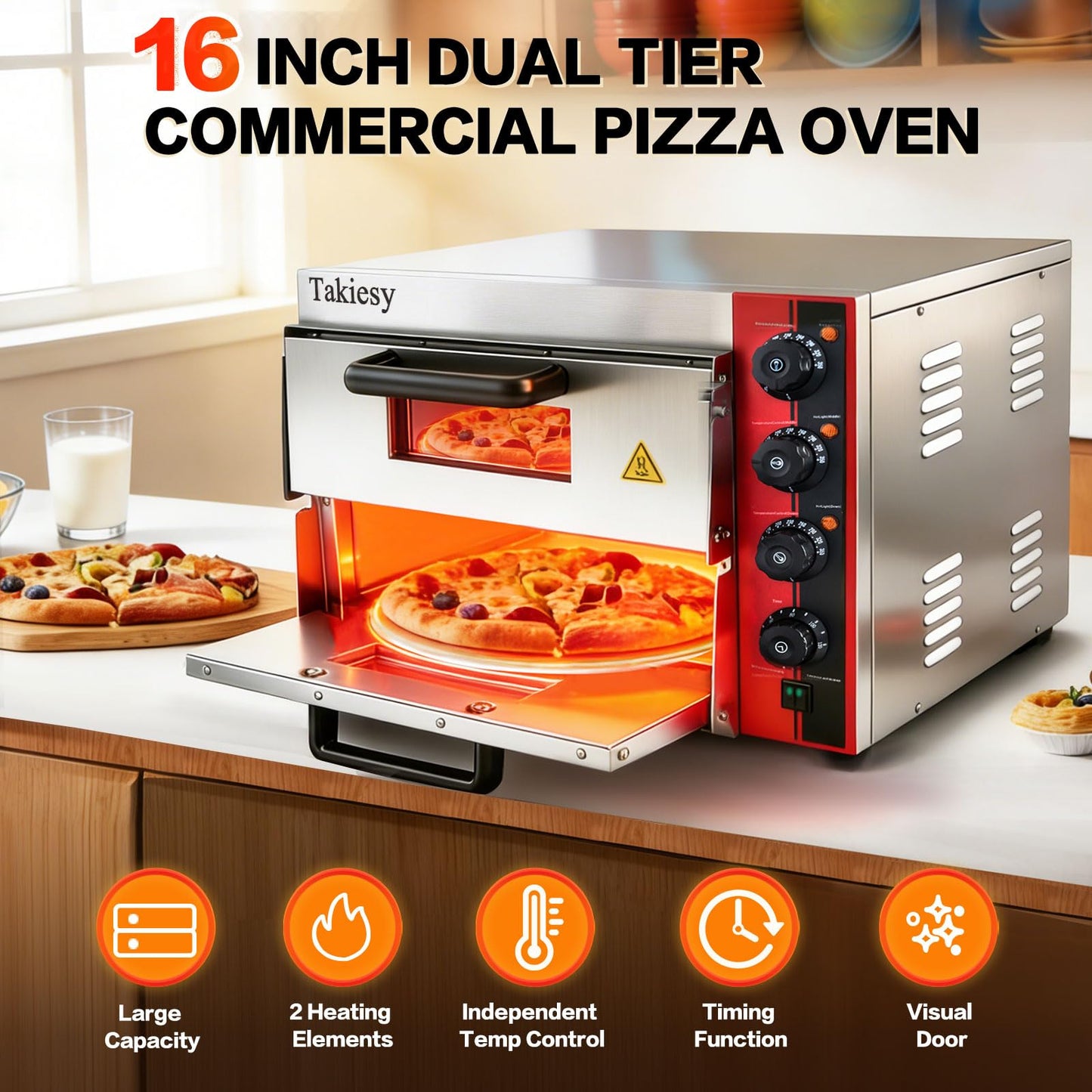 Takiesy Pizza Oven Countertop, 16 Inch Stainless Steel Commercial Double Decker Electric Oven with Pizza Stone and Handle for Home Restaurant Use