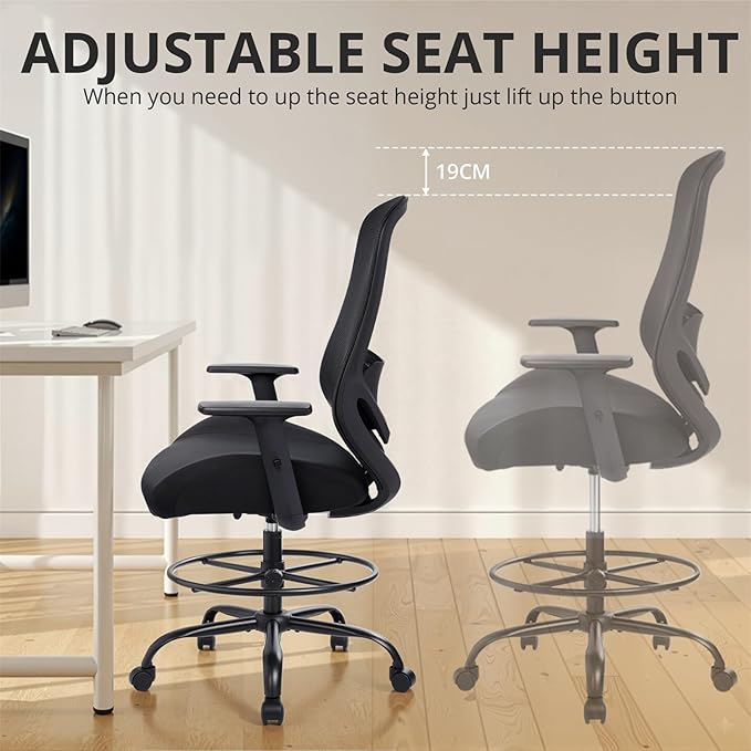 Heavy Duty Office Drafting Chair, High Back Ergonomic Chair,400Lbs Tall Office Chairs, Big and Tall Office Chair with Flip-up Armrest Lumbar Support and Footrest