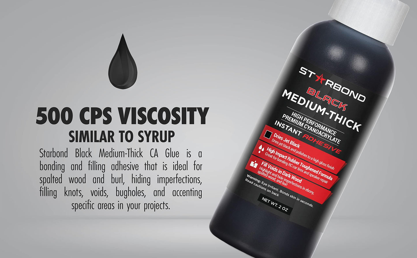 STARBOND Black Medium-Thick CA Glue Pro Kit (2 oz) – Rubber-Toughened, Impact-Resistant Cyanoacrylate Super Glue – for Durable Knot Filling, Crack Repair, Woodworking, Guitar, Hobby & RC Projects