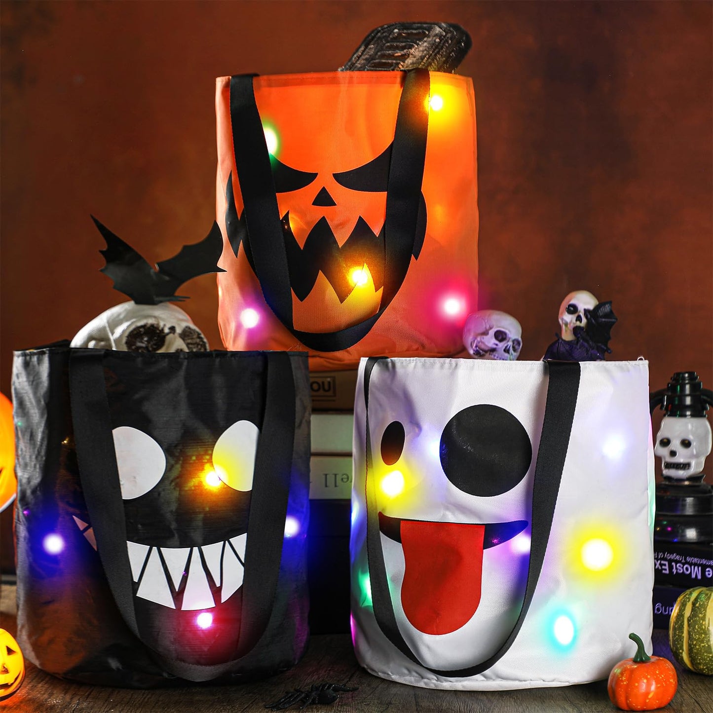 Teling 6 Pcs LED Halloween Candy Bucket Pumpkin Treat Basket Light Multipurpose Reusable Goody Bags for Halloween Supplies Favors(Smile Face)