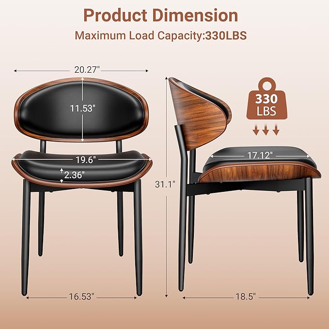 YaFiti Dining Chairs Set of 6, Dining Room and Kitchen Chairs, Mid Century Modern Retro Chair, Upholstered PU Leather Chairs for Vanity with Walnut Bentwood and Metal Legs (Black)