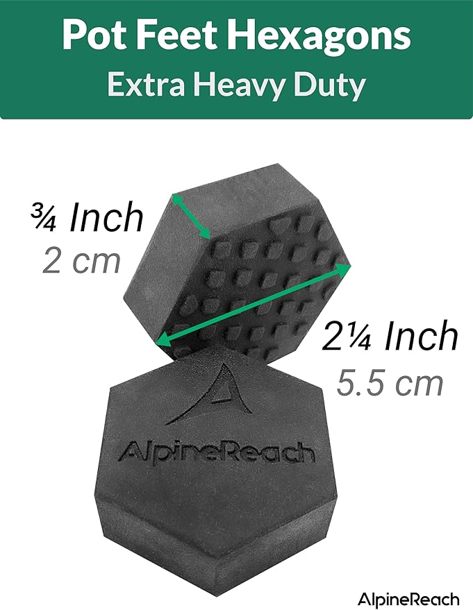 AlpineReach Extra Heavy Duty Pot Feet Risers 12 Pack Hexagons & Adhesive Pads - Protect Healthy Plants - Strong Invisible Supports Small Large Flower Planters Stability - Outdoor Lifter Toes Elevator