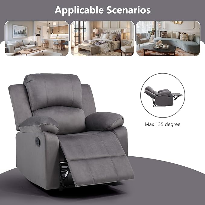 CANMOV Manual Recliner Chair, Soft Fabric Overstuffed Recliner Single Sofa Chair for Living Room Bedroom, Heavy Duty and Safety Reclining Mechanism, Dark Grey