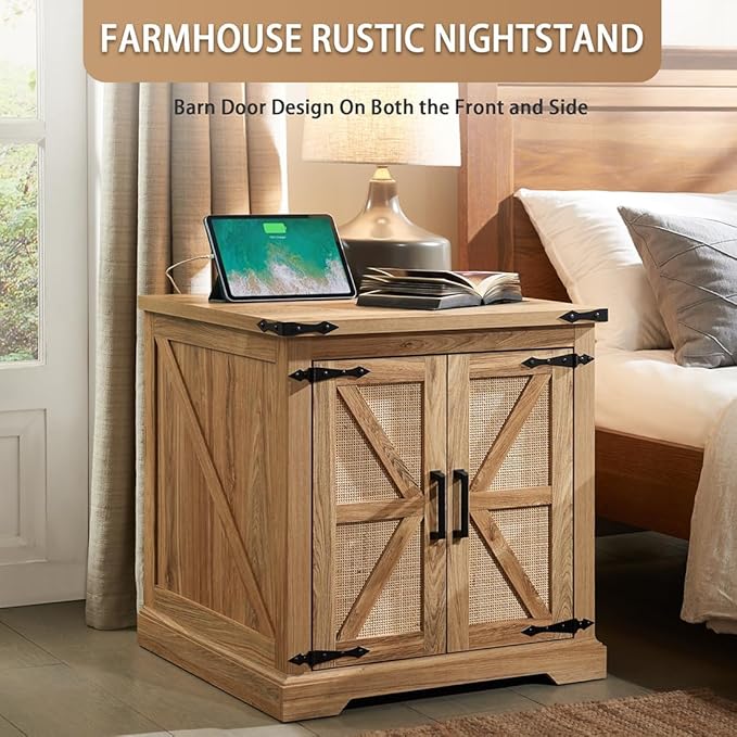 Barnyatoh Farmhouse Boho End Table with Charging Station, 24" Large Side Table with Rattan Barn Door, Rustic Wood Square Nightstand Bedside Table with Storage for Living Room, Bedroom, Natural 2-Pack