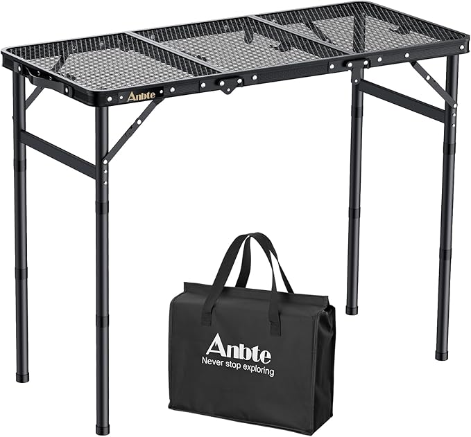 Anbte Folding Grill Table, 3ft Tri-Fold Aluminum Folding Table Adjustable Height Max 27.5" Grill Table with Mesh Desktop, ...