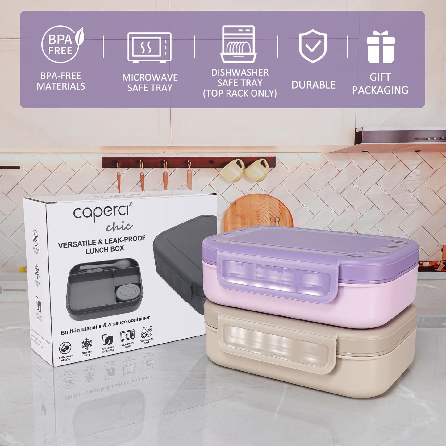 Caperci Stackable Bento Lunch Box for Adult & Teens - Reinforced Leak-Proof Lunch Container 4-Compartment with Utensils & Sauce Container, BPA-Free, Dishwasher/Microwave Safe, 47oz (Orchid Bloom)