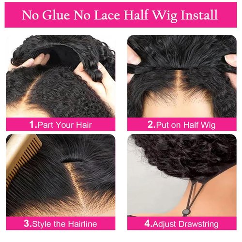 Jerry Curly Half Wig Human Hair 200 Density 3 In 1 Drawstring Seamless Flip Over Half Wigs 18 Inch Wear and Go Glueless Wigs Human Hair for Women Headband Wig Beginner Friendly Invisible Hairline