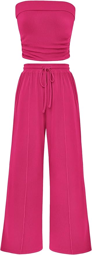 PRETTYGARDEN Womens Summer Outfits 2 Piece Sets Casual Ribbed Knit Crop Tube Top Wide Leg Pants Spring Matching Lounge Set