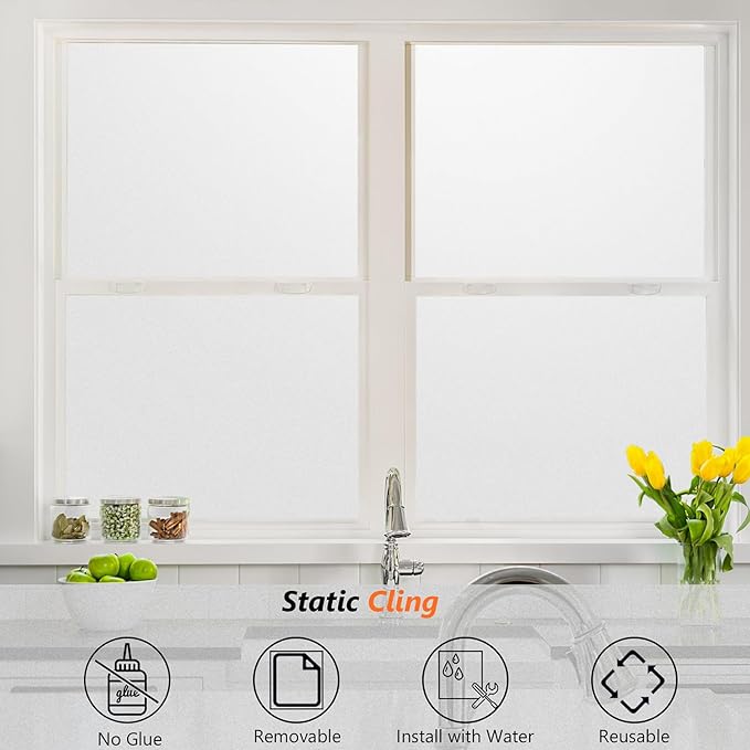 Kromapolis Window Privacy Film Frosted Glass Window Film, Heat Blocking Privacy Film for Glass Windows, Static Cling Non-Adhesive Frosting Window Stickers for Door Home (Frosted, 23.6 x 78.7 inch)