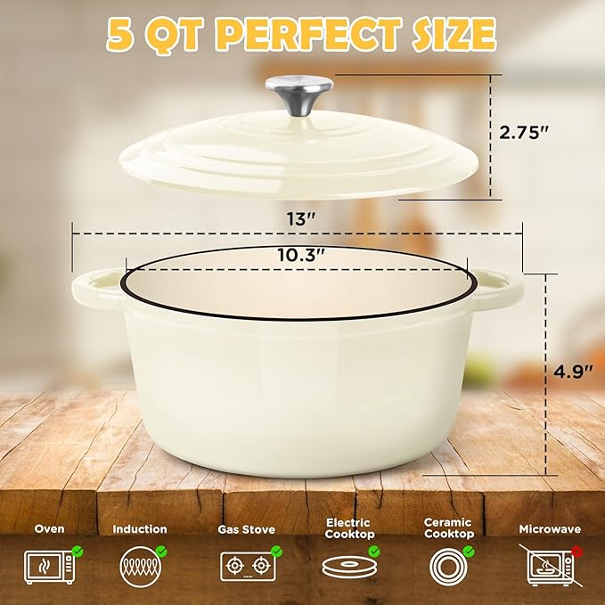 Enameled Cast Iron Dutch Oven Pot with Lid, Incl. Sourdough Bread Baking Supplies Like Banneton Bread Proofing Basket, Starter Jar, Bread Lame, 5QT Dutch Oven for Bread Baking, Oven Safe up to 500°F
