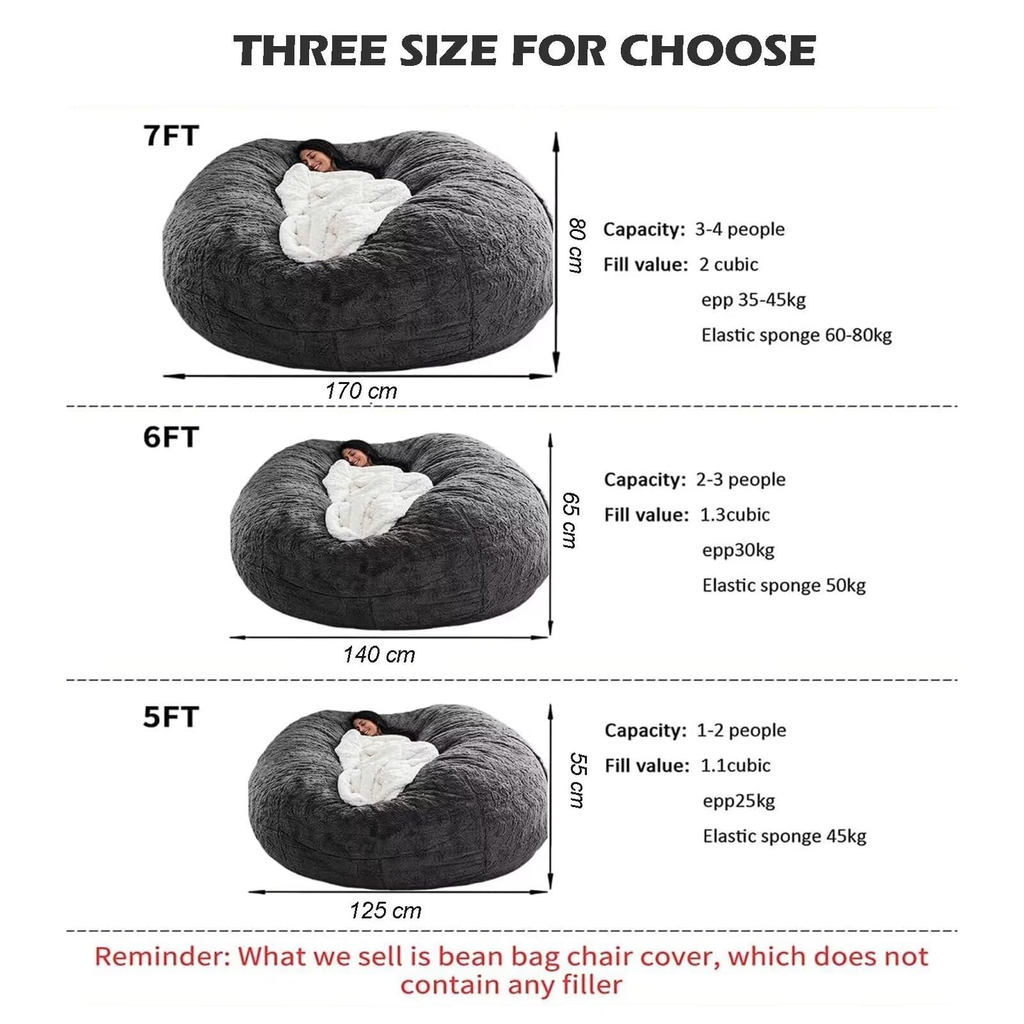 BCU 6FT Bean Bag Chair for Adults and Kids Without Filler Giant Stuffed Animal Storage Cover Soft Faux Fur Floor Chair Cover for Bedroom Living Room, Grey