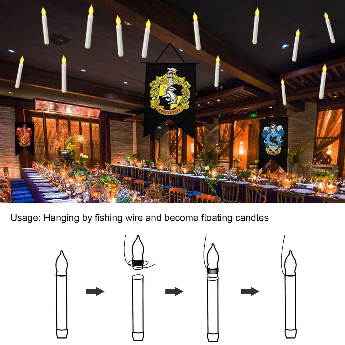 Homemory 24 Pcs Hanging Floating Candles, NO Remote, Flameless Taper Candles Battery Operated, 6.5" Warm Yellow Flickering Flame Candlesticks, Dripless LED Handheld Candles Lights for Halloween Xmas