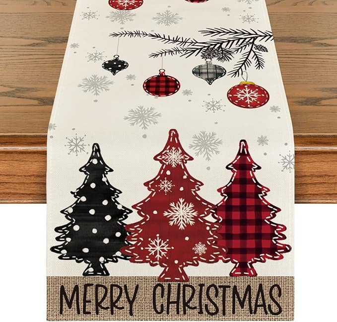 Artoid Mode Red Pine Trees Merry Christmas Table Runner, Winter Xmas Holiday Kitchen Dining Table Decoration for Home Part...