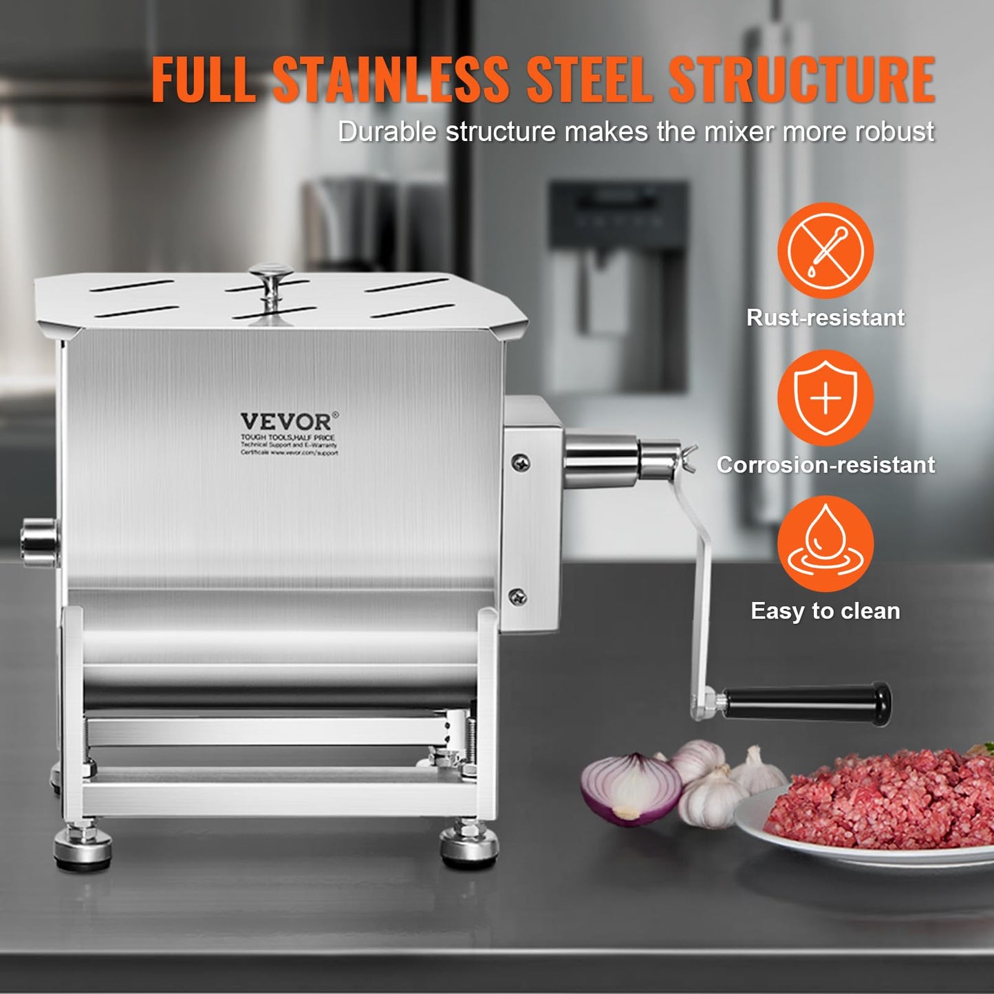 VEVOR Manual Meat Mixer, 120 Pound Capacity Tank Meat Processing Equipment, Stainless Steel Meat Mixer, Sausage Mixer Machine with Lid and Handle, Ground Beef Hand Mixer, Silver