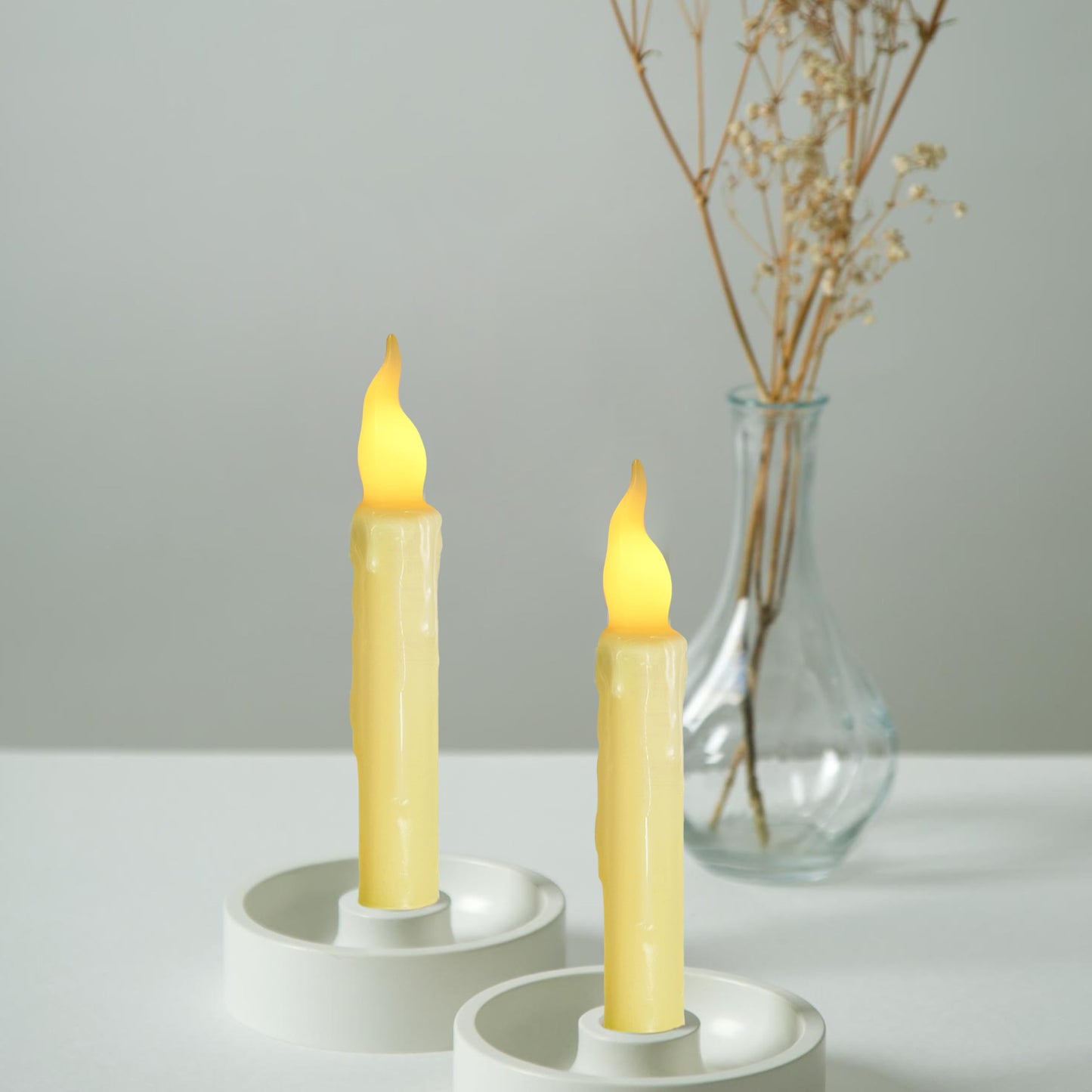 FCMSHAMD Yellow Flameless Short Taper Candles, Real Wax Hand Dipped LED Battery Operated with Remote, Flickering Flame Lights for Festival Home Décor, 6.7 Inch Primitive Flameless Candles, 4PCS