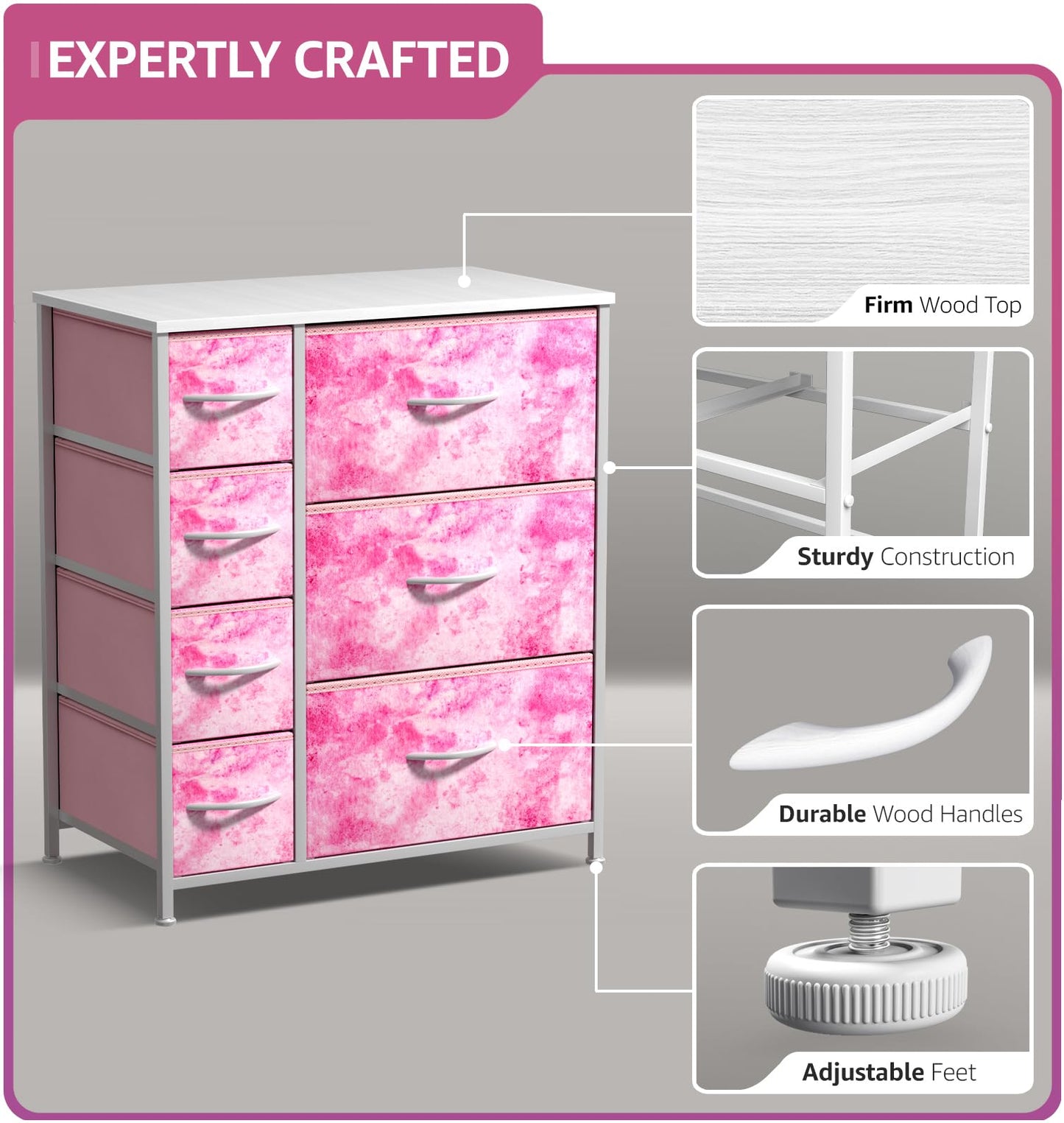 Sorbus Kids Dresser with 7 Drawers - Storage Chest Organizer Unit with Steel Frame, Wood Top & Handles, Tie-dye Fabric Bins for Clothes - Wide Furniture for Bedroom Hallway Kids Room Nursery & Closet