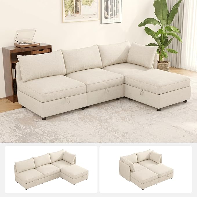 FIRLZY Modular Sectional 4 Seater Sofa with Removable Covers and Storage, Convertible L-Shaped and Sleeper Sectional, Modern Upholstered Couch with Removable Ottoman for Living Room, Beige