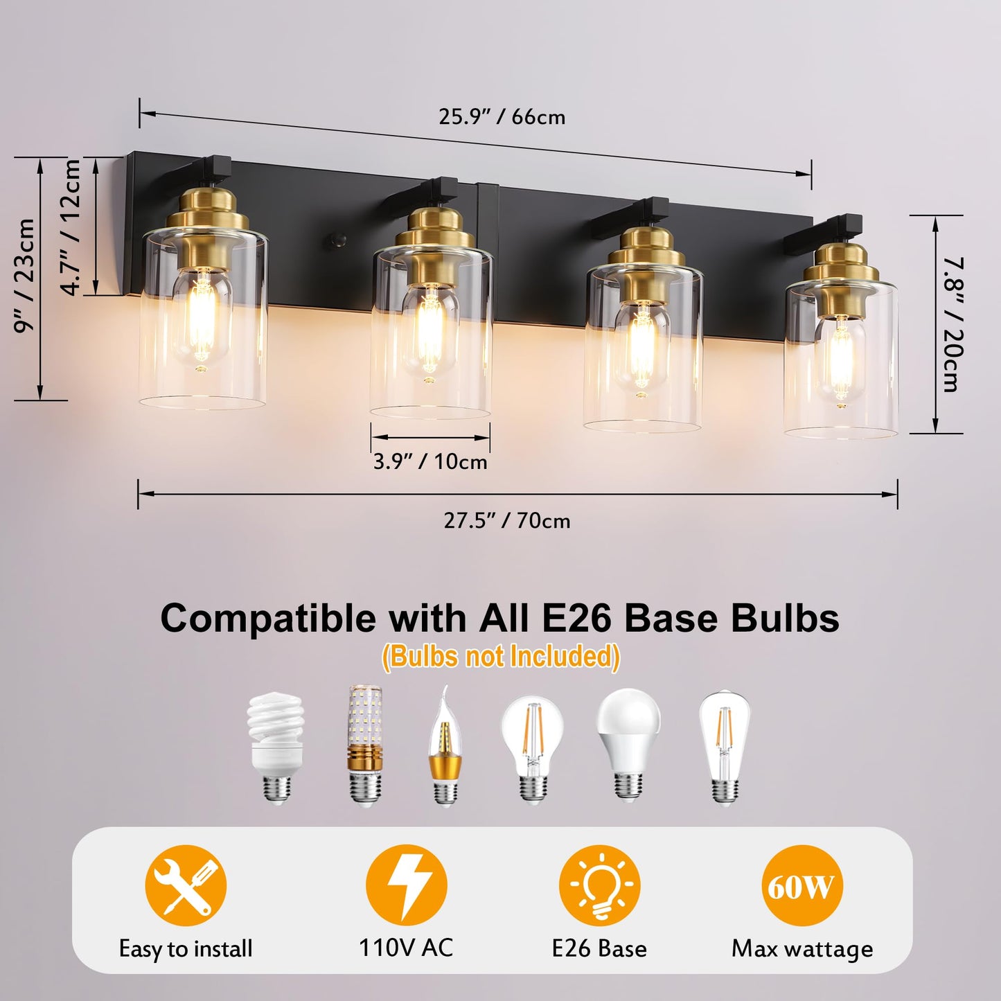 Black and Gold Bathroom Light Fixture, 4 Light Brushed Gold Vanity Light, 27.5" Modern Farmhouse Bathroom Lighting Fixtures Over Mirror, with Clear Glass Shade, Vanity Lights for Bedroom Hallway
