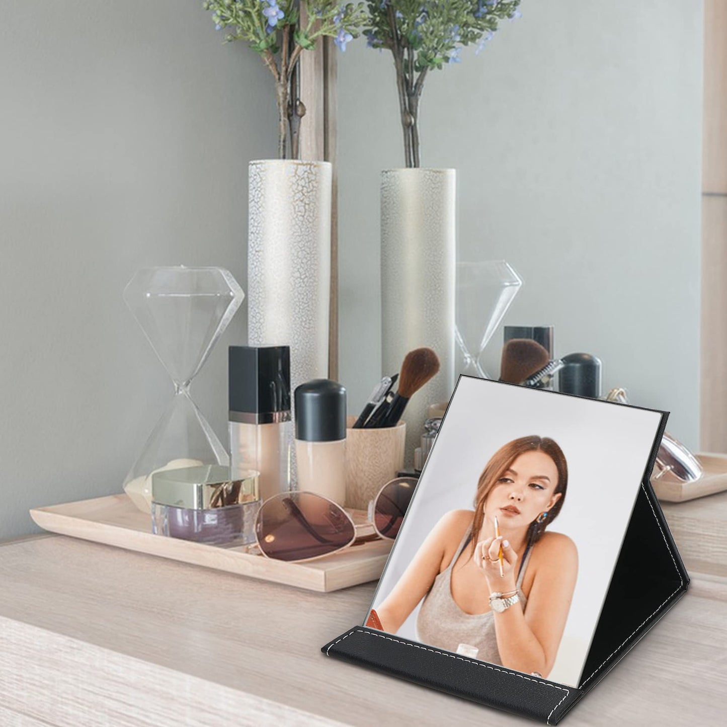 EFAILY Folding Travel Mirror, PU Portable Adjustable Rectangular Ultrathin Mirror, for Travel, Camping,Home(10W  7.8L)