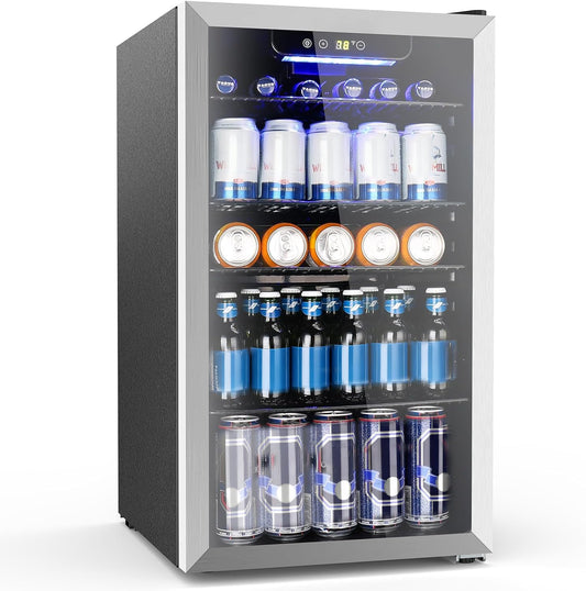 Electactic Mini Fridge 130 Can Beverage Refrigerator Cooler, 3.1 Cu.Ft Drink Fridge Silver Glass Door for Soda Wine Beer, Digital Temperature Control Cooler for Home,Bar