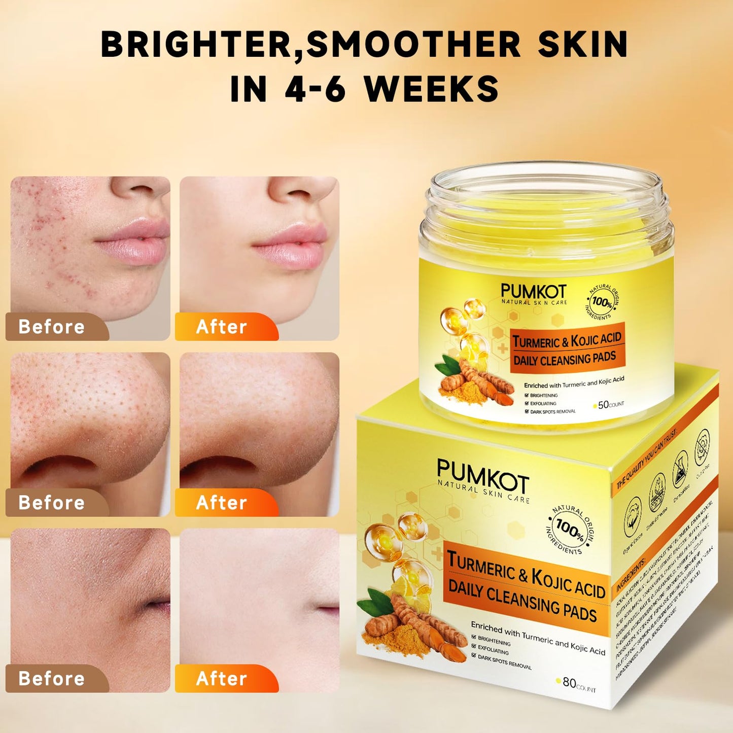 Pumkot Turmeric Kojic Acid Cleansing Pads, Turmeric Face Scrub Pads Enriched with Kojic Acid, 80PCS