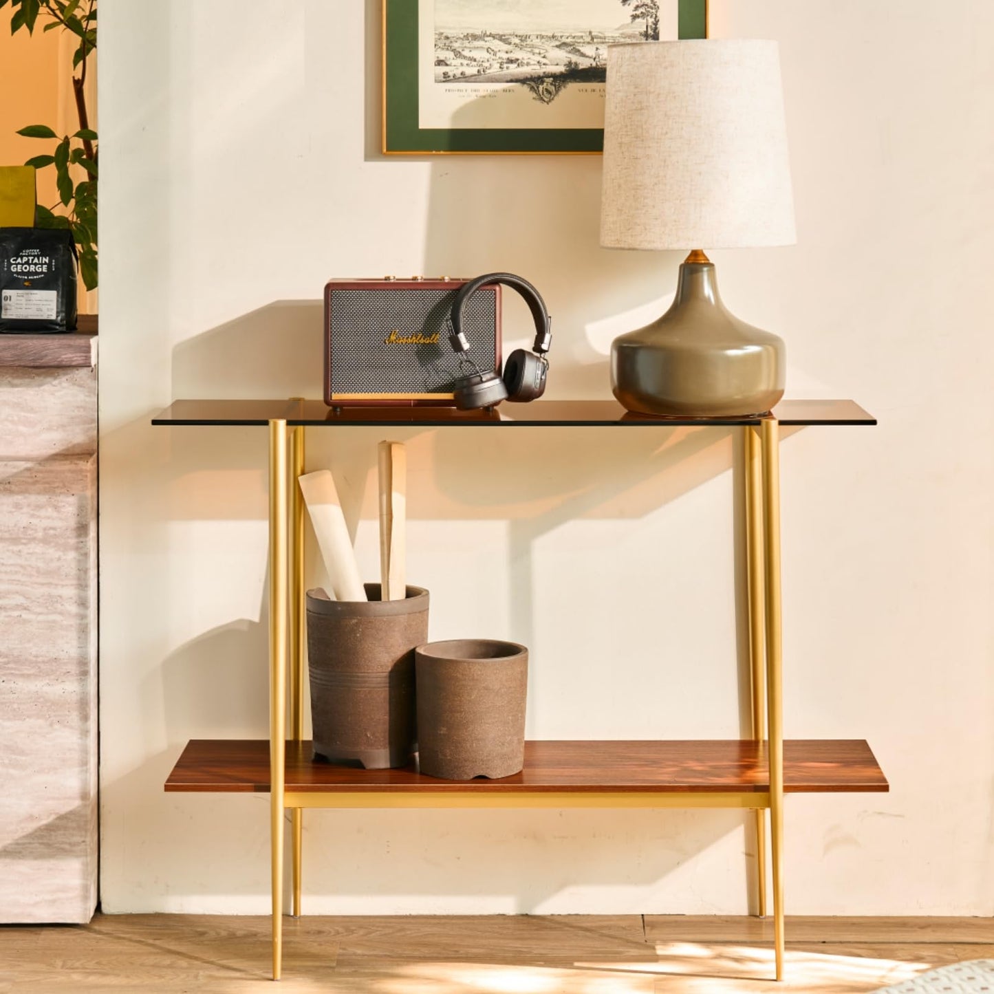 Saint Mossi 2-Tier Brown Console Table for Living Room, Modern Narrow Entryway Table, Glass Sofa Table for Hallway, Foyer, Corridor, Office, Brown Glass Top & Gold Frame, D41×H31xW13