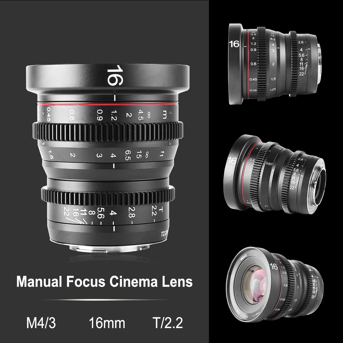 Meike16mm T2.2 Large Aperture Manual Focus Prime Low Distortion 4K Mini Cine Lens for Micro Four Thirds M43 MFT Mount Compatible with Olympus/Panasonic Lumix Cameras and BMPCC 4K Zcam E2 GH5 GH6 GH7