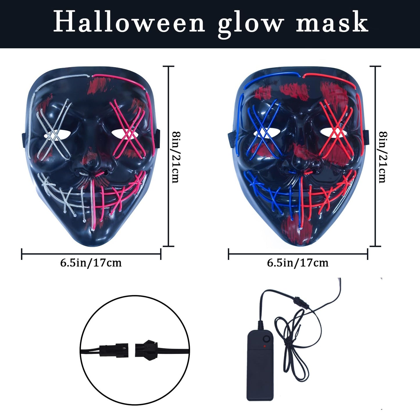 KaTiSeMo 2PCS Halloween Mask, LED Light up Masks, Halloween The Purge Masks with 3 Lighting Modes & 2 Colors El Wire,Scary Scream Mask for Festival Cosplay