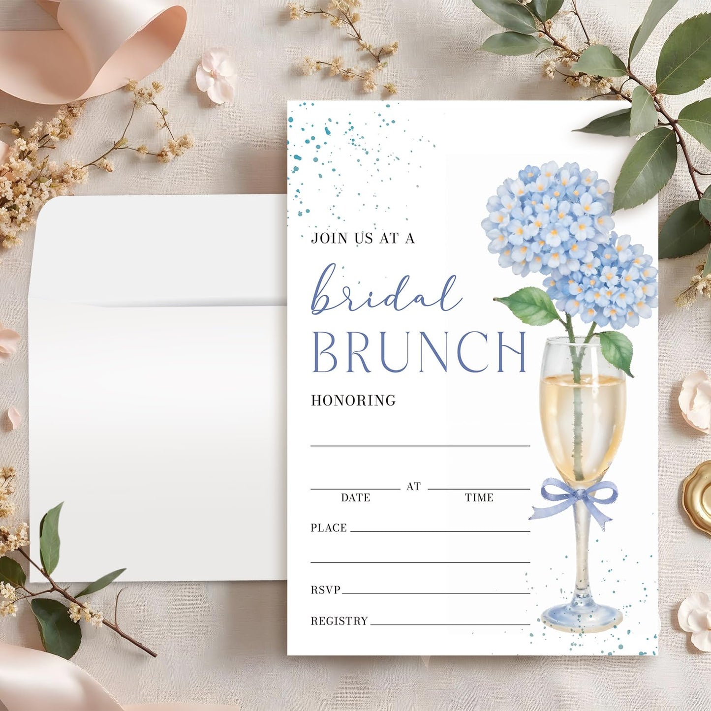 Blue Hydrangea Bridal Shower Invitations, Engagement Invitation Cards, Champagne Glass and Floral Invite For Bridal Shower, 25 Double-Sided Fill in Invitation With Envelopes Celebration Party Supplies