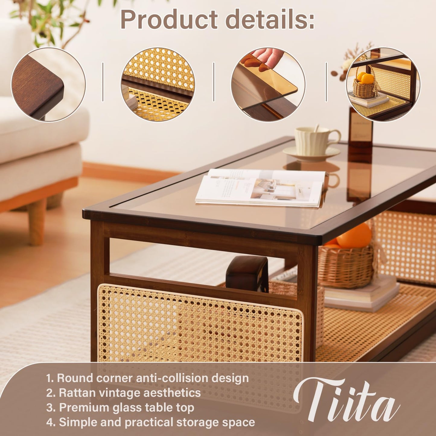 Tiita Coffee Tables for Living Room，Mid Century Modern Storage 2-Tier Coffee Tables，Rattan Glass RectangleTables，Suitable for Living Room Apartment，Brown