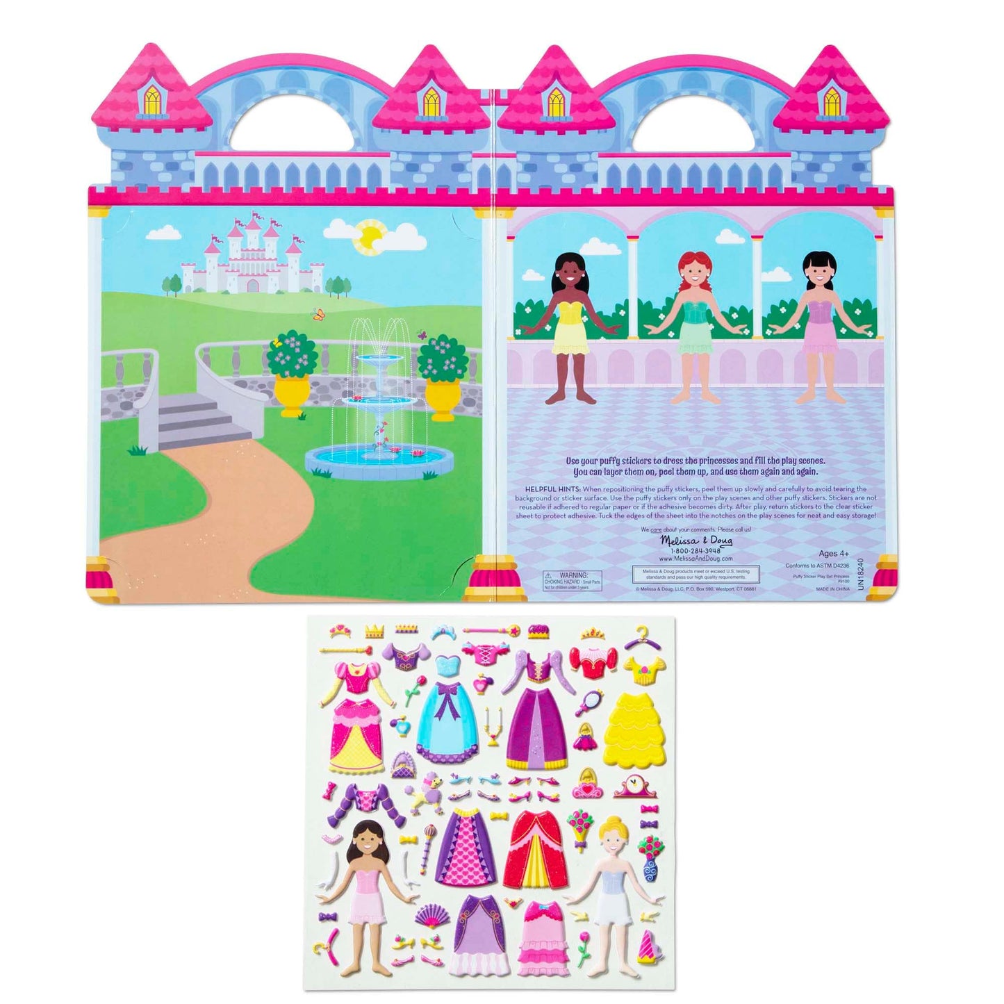 Melissa & Doug Puffy Sticker Set: Princess - 67 Reusable Stickers Kids Fashion Activities, Restickable Princess Sticker Book, Puffy Stickers for Kids Ages 4+