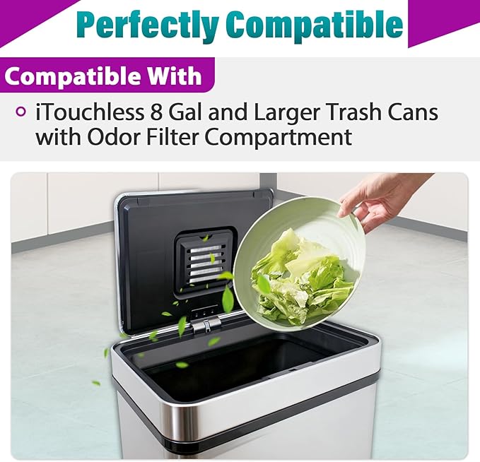 16 Pcs Activated Charcoal Odor Absorbing Filter Refills, Compatible with iTouchless 8 Gallon & Larger Trash Cans, Long-Lasting Deodorizer Replacement for Kitchen/Bathroom Use