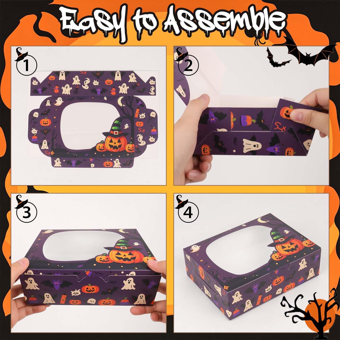 OUGEBOX 30 Pcs Halloween Cookie Boxes for Gift Giving, 8x6x2.5 Inch Bakery Boxes with Window, Treat Boxes for Desserts, Macarons, Donuts, Pastries